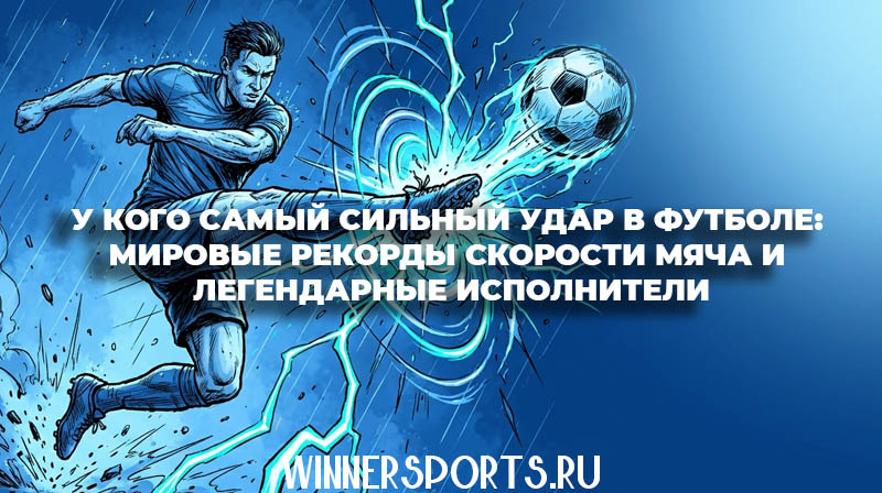 Иллюстрация в стиле комикса: футболист наносит мощнейший удар по мячу, синие и голубые оттенки.