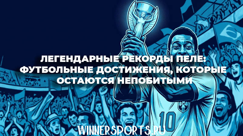 Иллюстрация в стиле комикса: Король футбола Пеле с Кубком мира на фоне стадиона в синих тонах.