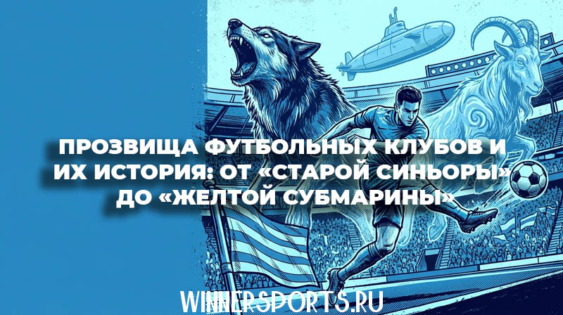 Иллюстрация в стиле комикса: футболист в игре на фоне гигантских клубных символов — волка, козла и подводной лодки в синих тонах.