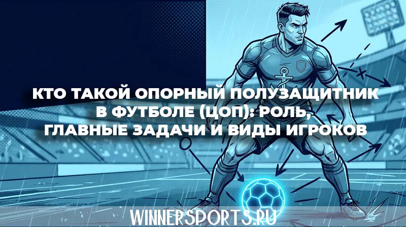 Опорный полузащитник в синей форме уверенно отбирает мяч в центре футбольного поля
