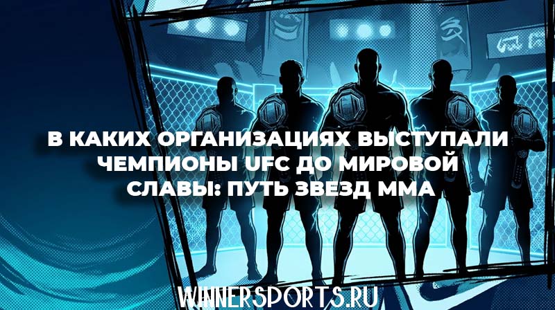 Силуэты чемпионов ММА с поясами на фоне логотипов бойцовских промоушенов