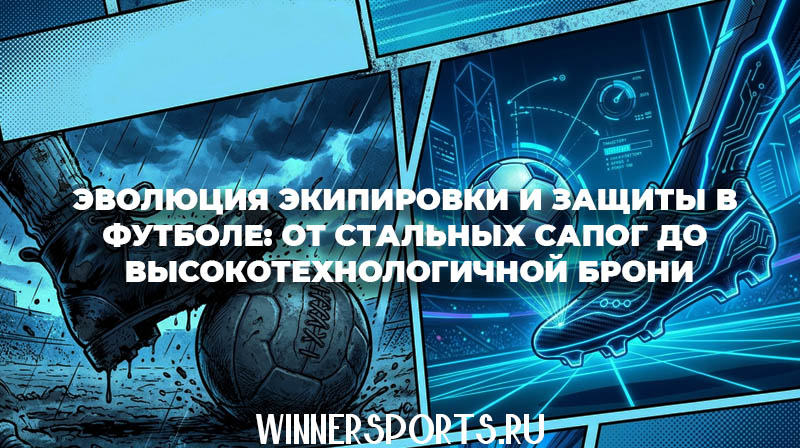 Разделенная пополам иллюстрация: слева винтажные кожаные бутсы и тяжелый мяч, справа футуристическая современная экипировка